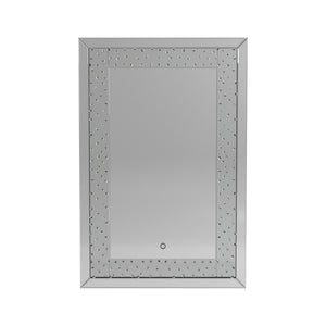 Benzara Rectangular Shape Wall Mirror with LED Fixture, Silver BM230370 Silver Solid Wood and Mirror BM230370
