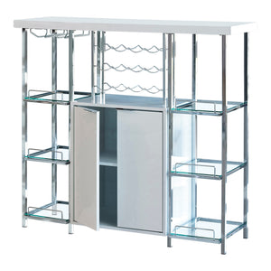 Benzara 6 Glass Shelf Metal Frame Bar Cabinet with Power Outlet, Clear and Chrome BM230376 Clear and Chrome Metal, MDF, Veneer and Glass BM230376