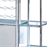 Benzara 6 Glass Shelf Metal Frame Bar Cabinet with Power Outlet, Clear and Chrome BM230376 Clear and Chrome Metal, MDF, Veneer and Glass BM230376