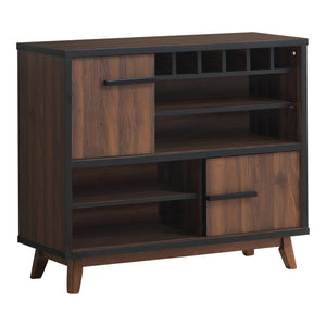 Benzara Mid Century Wooden Wine Cabinet with 2 Sliding Doors and 6 Cubies, Brown BM230377 Brown Solid Wood and MDF BM230377