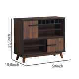 Benzara Mid Century Wooden Wine Cabinet with 2 Sliding Doors and 6 Cubies, Brown BM230377 Brown Solid Wood and MDF BM230377