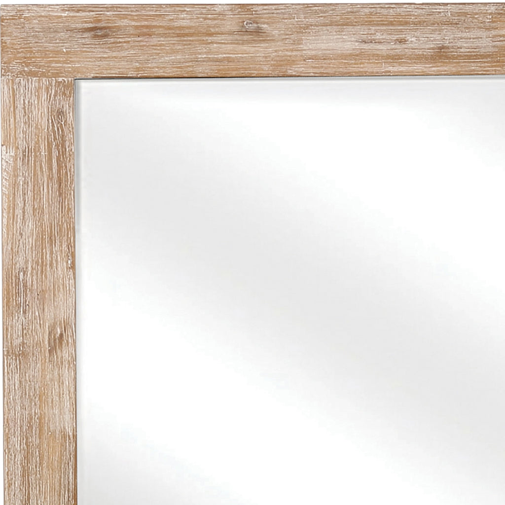 Benzara Wooden Frame Mirror with Hewn Saw Details, Light Brown BM230384 Brown Solid Wood, MDF BM230384