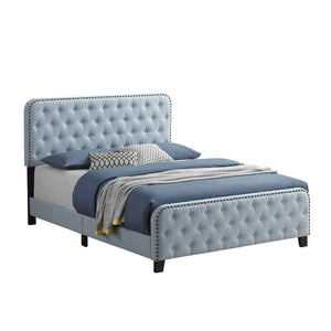 Benzara Fabric Upholstered Tufted Full Bed with Nailhead Trim, Blue BM230393 Blue Solid Wood, Fabric BM230393