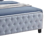 Benzara Tufted Eastern King Fabric Bed with Nailhead Trim, Blue BM230395 Blue Solid Wood, Fabric BM230395