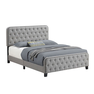 Benzara Fabric Upholstered Tufted Full Bed with Nailhead Trim, Gray BM230399 Gray Solid Wood, Fabric BM230399