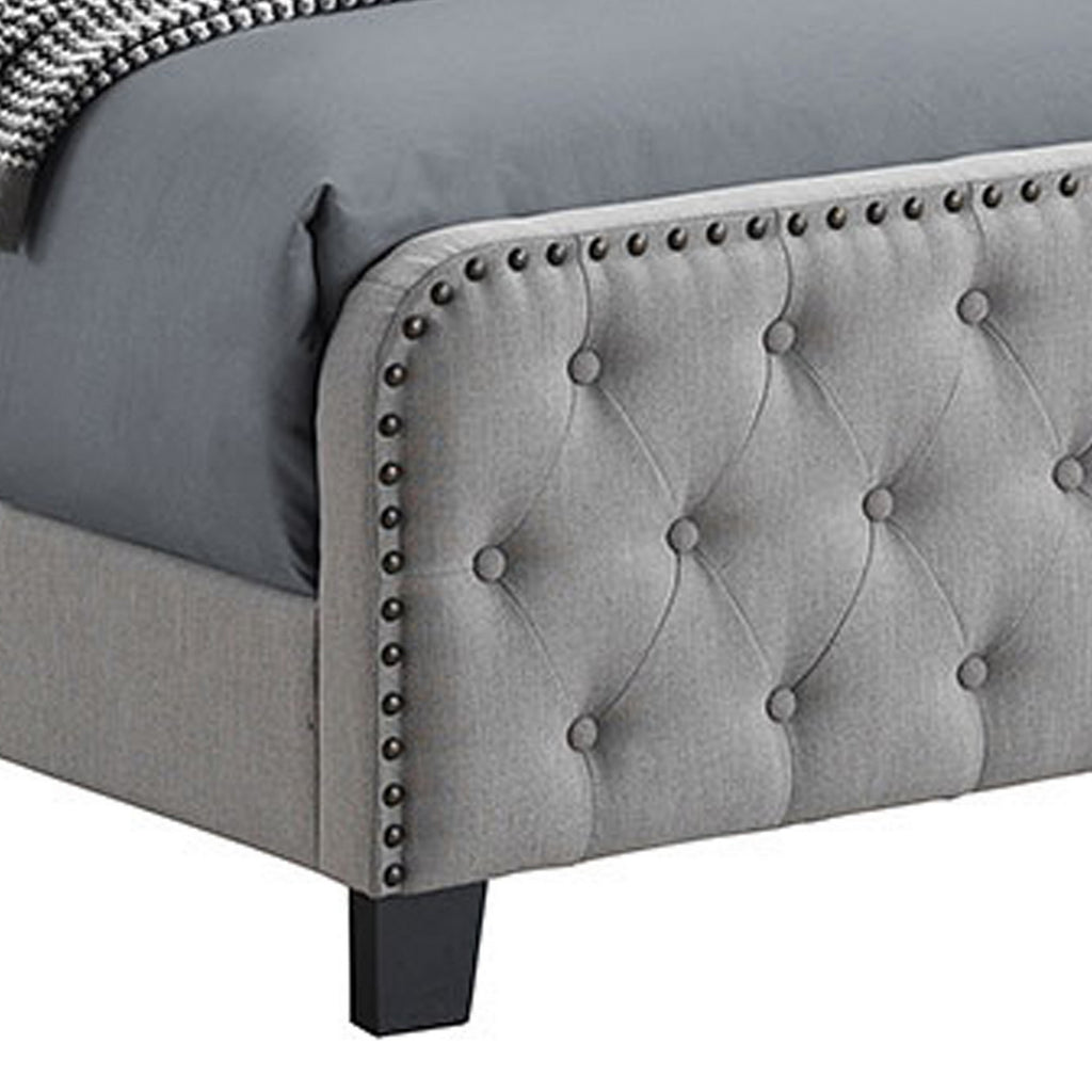 Benzara Tufted Eastern King Fabric Bed with Nailhead Trim, Gray BM230406 Gray Solid Wood, Fabric BM230406