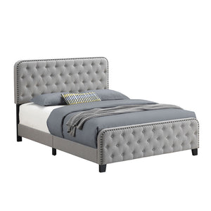 Benzara Tufted Queen Fabric Bed with Nailhead Trim, Gray BM230412 Gray Solid Wood, Fabric BM230412