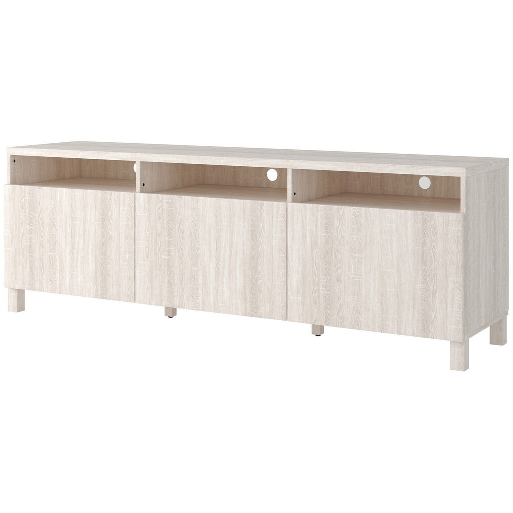 Benzara 70 Inches 3 Door Wooden TV Stand, Extra Large, Antique White BM230894 White Engineered Wood and Laminate BM230894