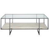 Benzara 48 Inches Glass Top Cocktail Table with Stone Shelf, Clear and Chrome BM230903 Clear and Chrome Metal, Glass and faux Marble BM230903