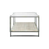 Benzara 48 Inches Glass Top Cocktail Table with Stone Shelf, Clear and Chrome BM230903 Clear and Chrome Metal, Glass and faux Marble BM230903