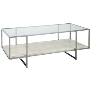 Benzara 48 Inches Glass Top Cocktail Table with Stone Shelf, Clear and Chrome BM230903 Clear and Chrome Metal, Glass and faux Marble BM230903