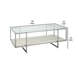 Benzara 48 Inches Glass Top Cocktail Table with Stone Shelf, Clear and Chrome BM230903 Clear and Chrome Metal, Glass and faux Marble BM230903