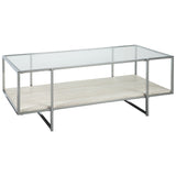 Benzara 48 Inches Glass Top Cocktail Table with Stone Shelf, Clear and Chrome BM230903 Clear and Chrome Metal, Glass and faux Marble BM230903