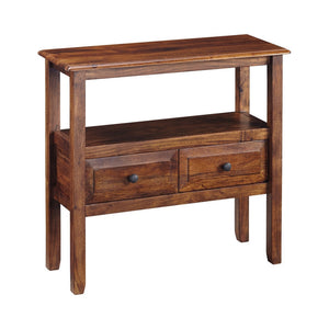 Benzara 32 Inches 2 Drawer Accent Table with Open Shelf, Brown BM230908 Brown Solid Wood BM230908