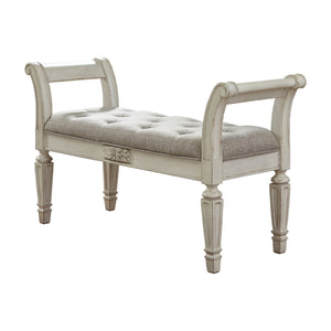 Benzara 46 Inches Tufted Fabric Padded Wooden Accent Bench, Antique White BM230917 White Solid Wood and Fabric BM230917