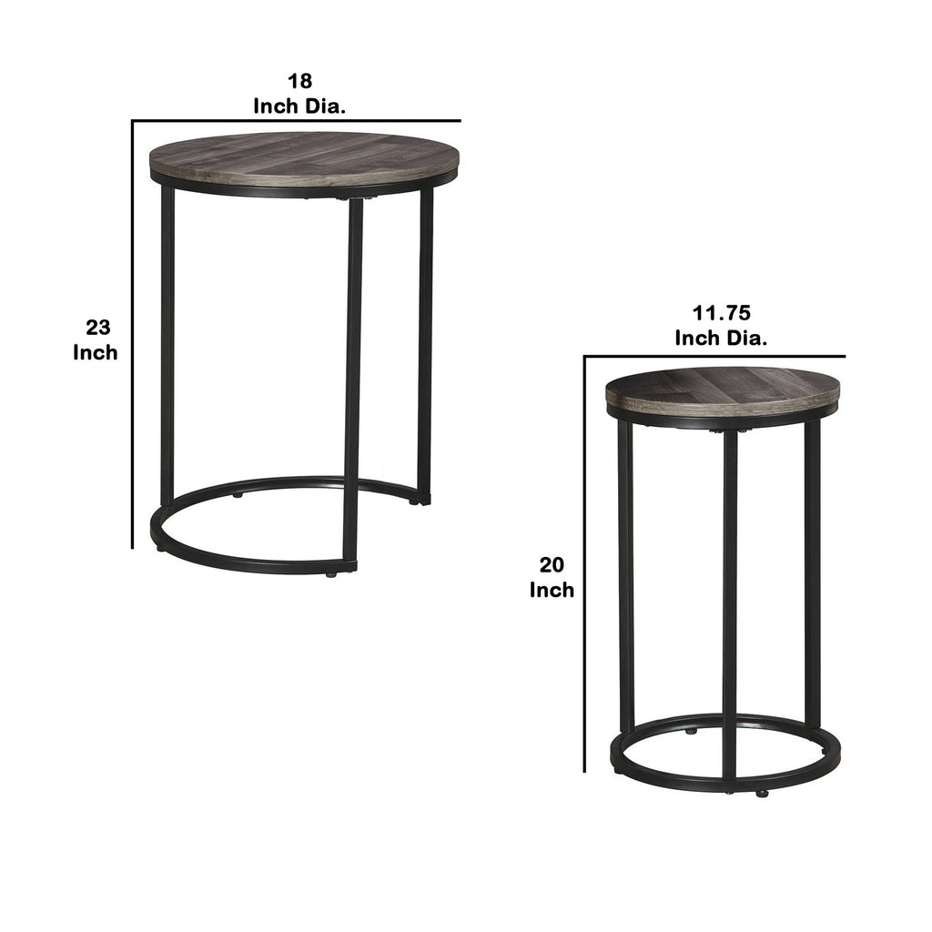 Benzara Round Wooden Top Metal Accent Table, Set of 2, Gray and Black BM230944 Gray and Black Engineered Wood and Metal BM230944