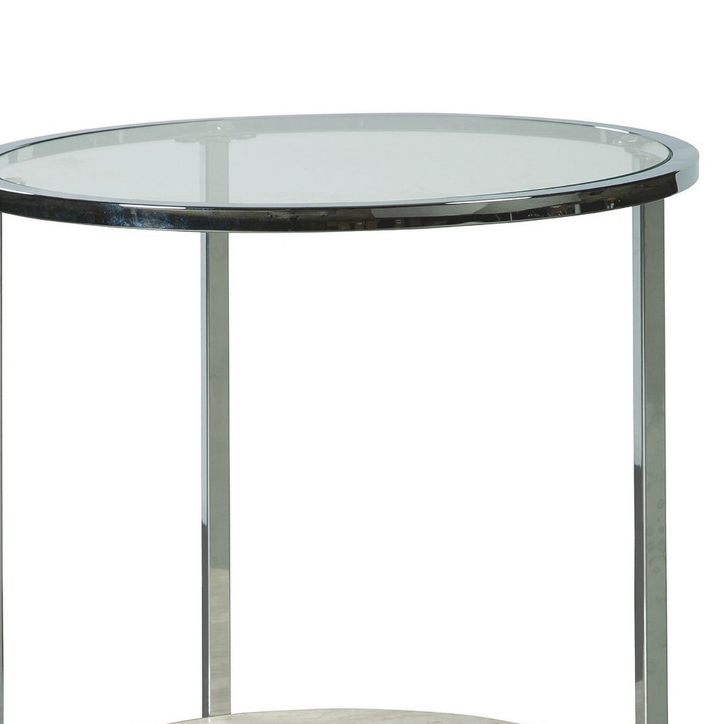 Benzara 48 Inches Round Glass Top End Table with Stone Shelf, Clear and Chrome BM230949 Clear and Chrome Metal, Glass and faux Marble BM230949