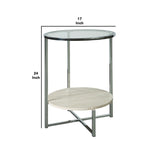 Benzara 48 Inches Round Glass Top End Table with Stone Shelf, Clear and Chrome BM230949 Clear and Chrome Metal, Glass and faux Marble BM230949