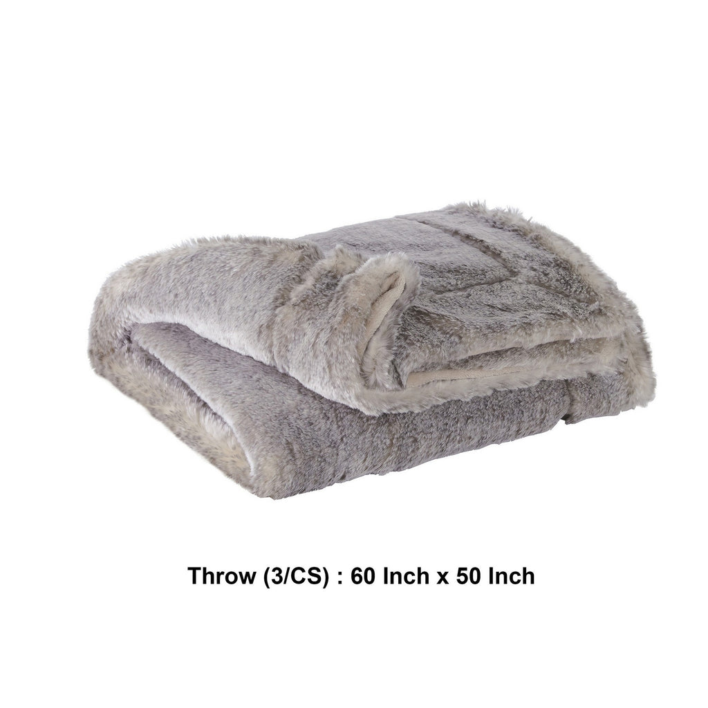 Benzara 60 x 50 Acrylic Throw with Faux Fur Embellishment, Set of 3, Gray and Beige BM230951 Gray and Beige Fabric BM230951
