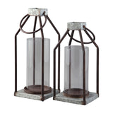 Benzara Geometric Lantern with Glass Hurricane, Set of 2, Black and Gray BM230988 Black and Gray Metal and Glass BM230988