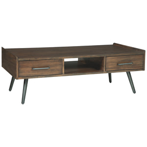 Benzara 17 Inch 2 Drawer Rectangular Wooden Cocktail Table, Brown BM231369 Brown Wood, Veneer BM231369