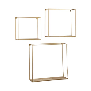 Benzara Metal Frame Wall Shelf with Keyhole Hanger, Set of 3, Gold BM231417 Gold Metal, Solid wood BM231417