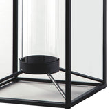 Benzara Metal Frame Lantern with Cylindrical Glass Hurricane, Set of 2, Black BM231424 Black Metal, Glass BM231424