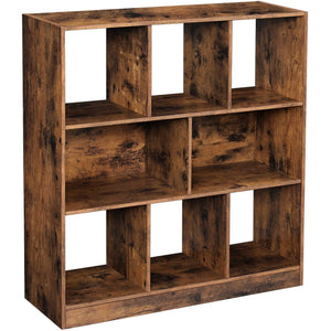 Benzara 6 Open Shelves Wooden Bookcase with 2 Compartments, Rustic Brown BM231432 Rustic Brown Particle Board, Veneer and MDF BM231432