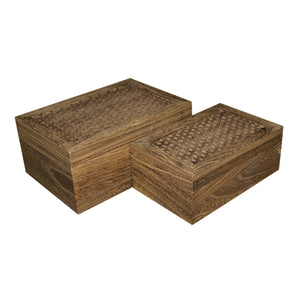 Benzara Wooden Storage Box with Intricately Carved Lidded Top, Set of 2, Brown BM231487 Brown Wood BM231487