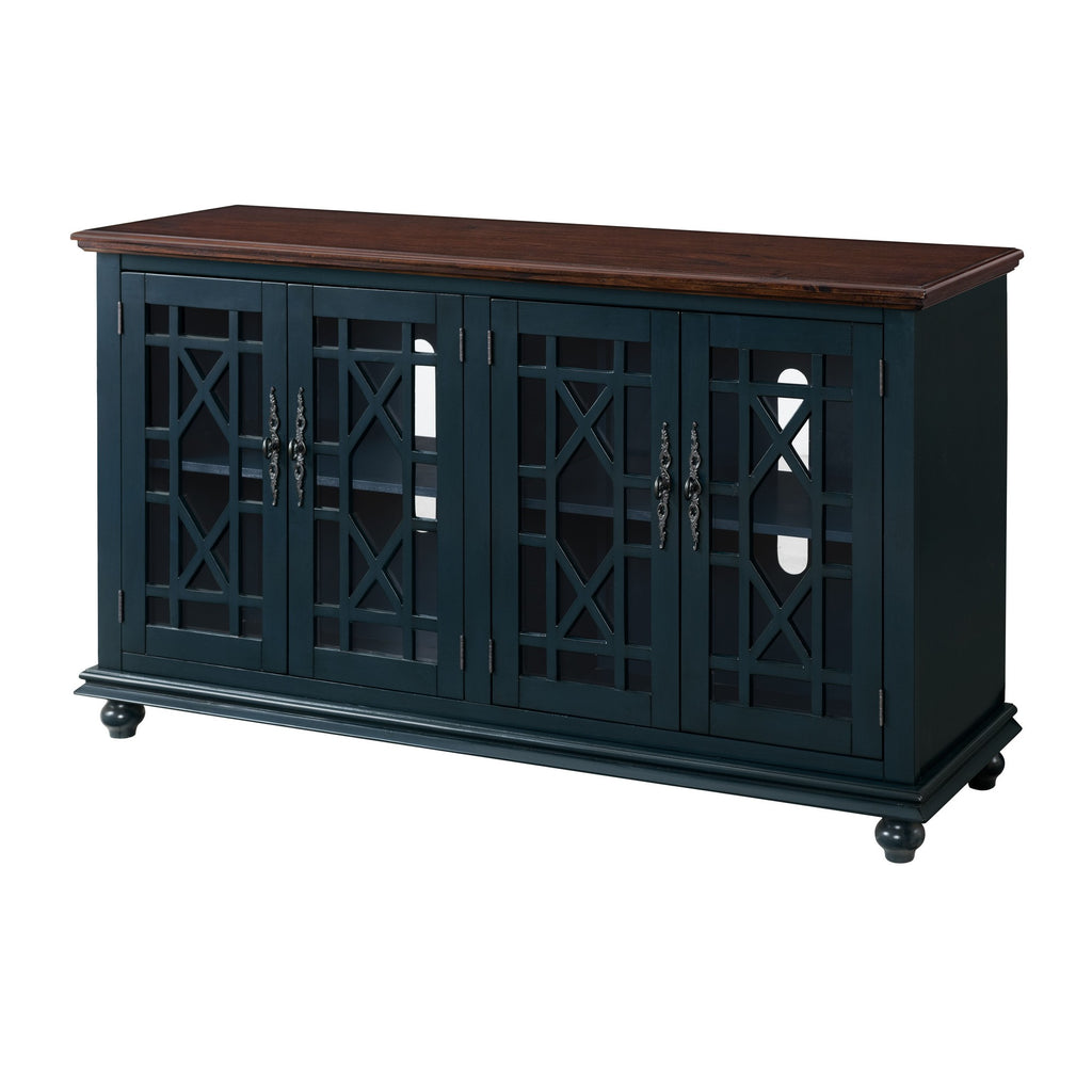 Benzara 63 Inch Traditional Wooden TV Stand with Turned Leg, Brown and Blue BM231513 Brown and Blue Wood and Metal BM231513