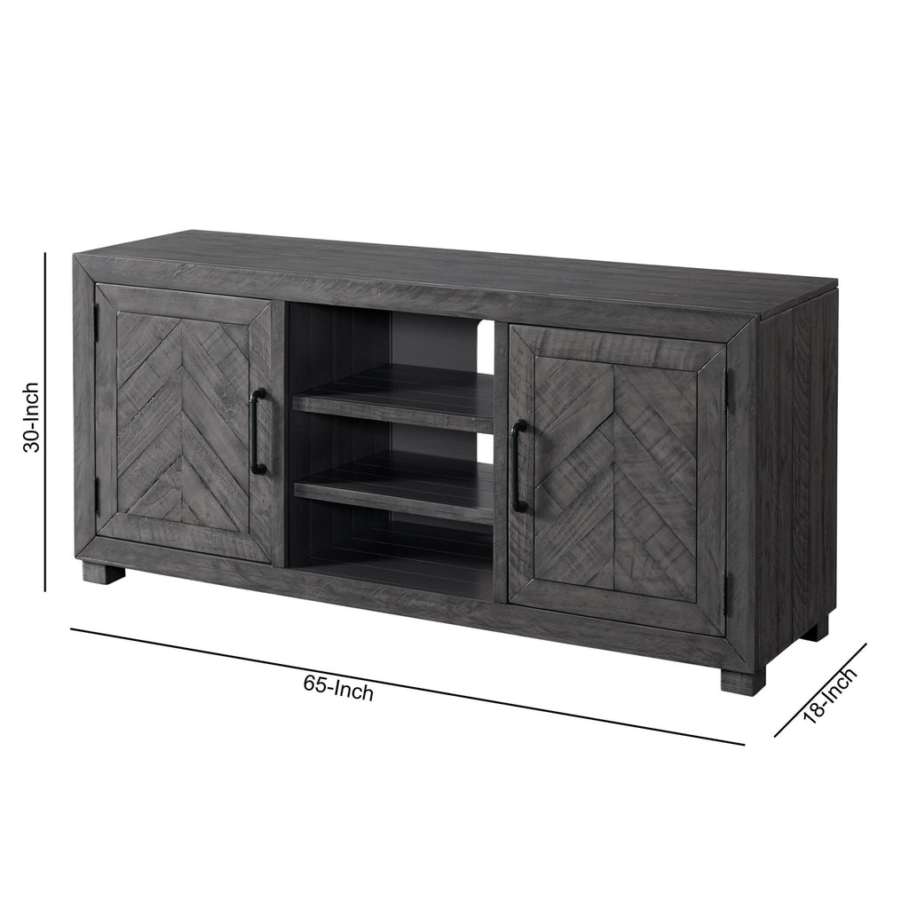 Benzara 65 Inch Industrial Wooden TV Stand with Block Legs, Gray BM231518 Gray Wood and Metal BM231518