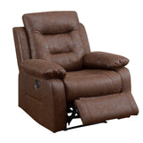 Benzara 41 Inch Leatherette Power Recliner with USB Port, Brown BM232057 Brown Solid Wood, Metal and Leatherette BM232057