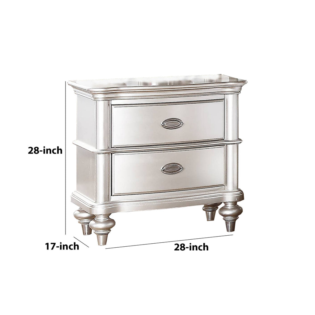 Benzara 28 Inches 2 Drawer Wooden Nightstand with Turned Legs, Silver BM232110 Silver Solid Wood, Particle Board and MDF BM232110