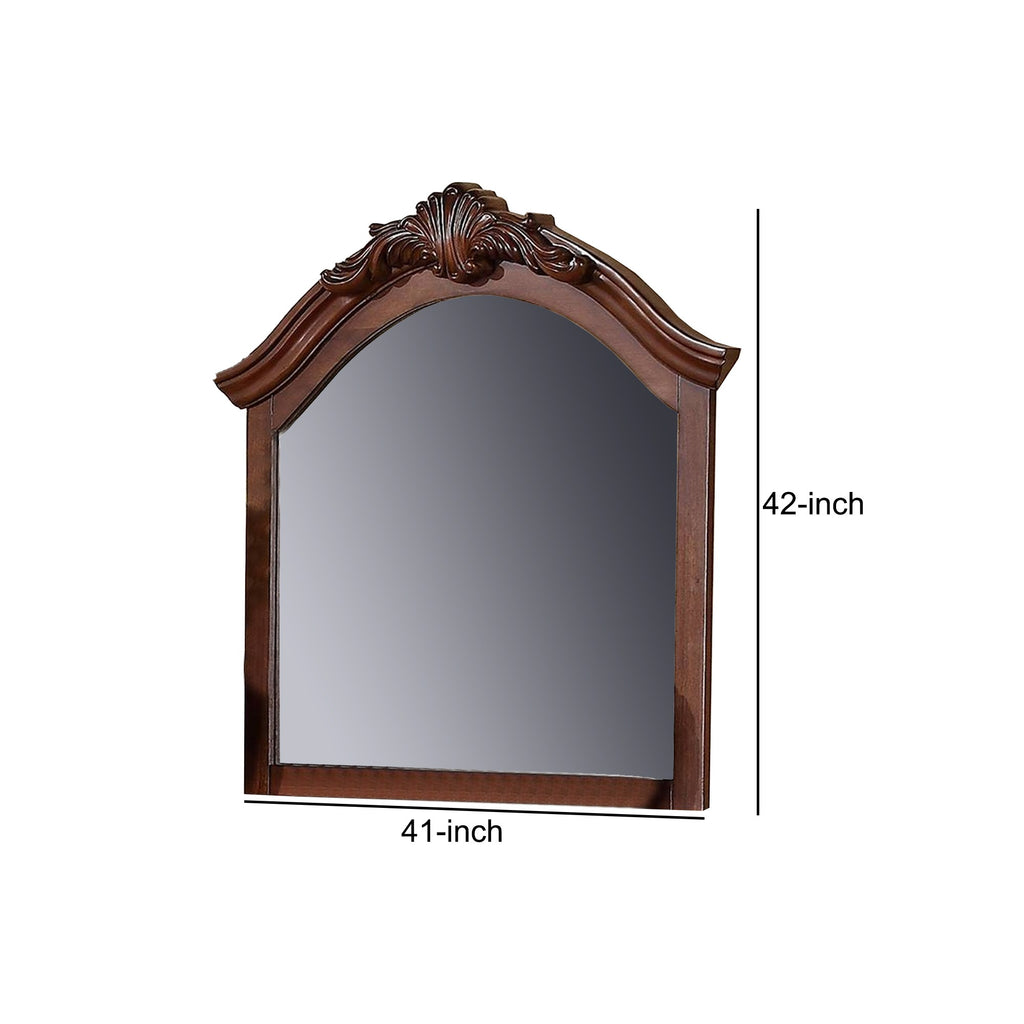 Benzara 42 Inches Crowned Top Wooden Mirror, Brown BM232125 Brown Solid Wood, MDF, Mirror and Polyresin BM232125