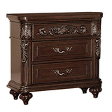 30 Inches 3 Drawer Engraved Wooden Nightstand, Brown