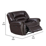 Benzara Nailhead Trim Leatherette Power Recliner, Brown BM232138 Brown Solid Wood, Metal and Bonded Leather BM232138