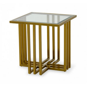 Benzara Square Glass Top End Table with Slatted Cross Base, Gold BM232172 Gold Metal and Glass BM232172