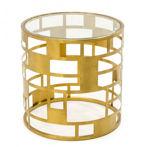 Benzara Glass Top End Table with Open Metal Frame Drum Base, Gold BM232174 Gold Metal and Glass BM232174