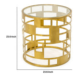 Benzara Glass Top End Table with Open Metal Frame Drum Base, Gold BM232174 Gold Metal and Glass BM232174