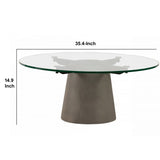 Benzara Round Glass Top Coffee Table with Concrete Conical Pedestal Base, Gray BM232177 Gray Glass, Metal and Concrete BM232177
