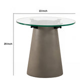 Benzara Round Glass Top End Table with Concrete Conical Pedestal Base, Gray BM232178 Gray Glass, Metal and Concrete BM232178