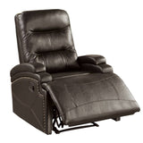 Benzara Nailhead Trim Leatherette Recliner with Sloped Arms, Brown BM232417 Brown Faux Leather, Solid Wood and Metal BM232417