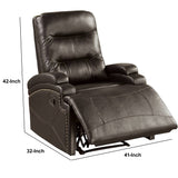 Benzara Nailhead Trim Leatherette Recliner with Sloped Arms, Brown BM232417 Brown Faux Leather, Solid Wood and Metal BM232417