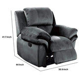 Benzara Fabric Upholstered Glider Recliner with Pillow Arms, Gray BM232419 Gray Fabric, Solid Wood and Metal BM232419