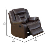 Benzara 37 Inches Leatherette Glider Recliner with Pillow Arms, Dark Brown BM232625 Brown Solid Wood, Metal and Leather Gel BM232625