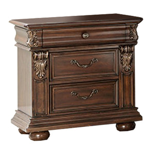 Benzara 3 Drawer Wooden Nightstand with Molded and Carved Details, Brown BM232648 Brown Wood BM232648