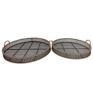 Benzara Round Shaped Bamboo Tray with Curved Handle, Set of 2, Black BM232697 Black Bamboo BM232697