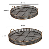 Benzara Round Shaped Bamboo Tray with Curved Handle, Set of 2, Black BM232697 Black Bamboo BM232697