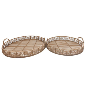 Benzara Round Shaped Bamboo Tray with Curved Handle, Set of 2, Brown BM232698 Brown Bamboo BM232698