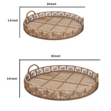 Benzara Round Shaped Bamboo Tray with Curved Handle, Set of 2, Brown BM232698 Brown Bamboo BM232698